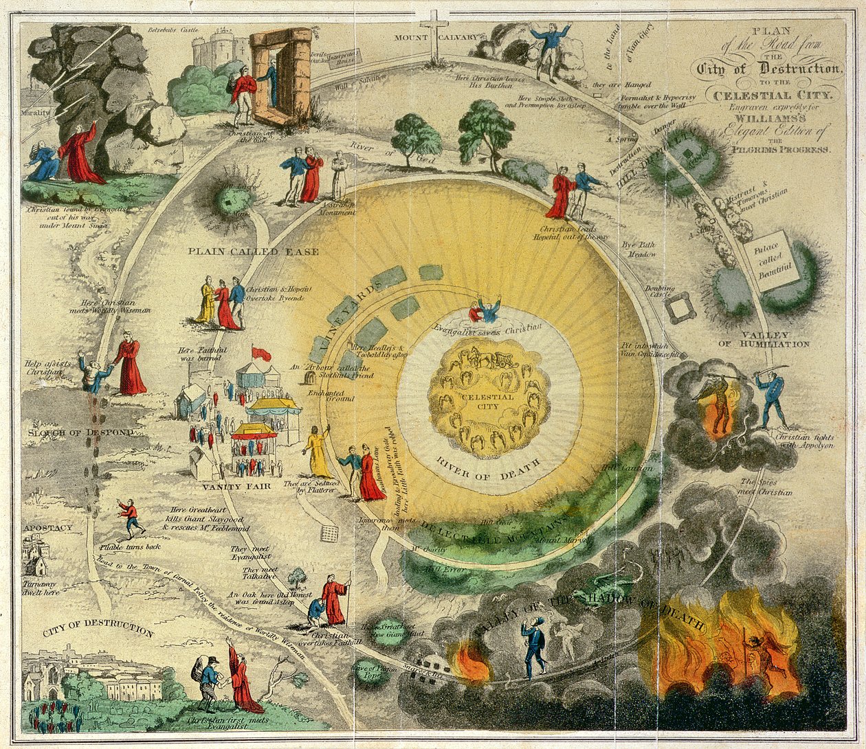 Plan de la route de la Cité de la Destruction à la Cité Céleste, gravé expressément pour l