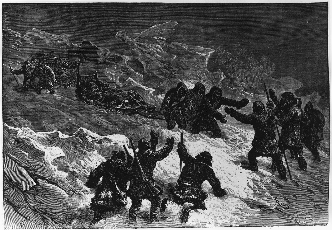Pôle nord : rencontre des traîneaux de Markham - Nares Georges S., Un voyage à la mer polaire, Paris : Hachette - Unknown artist