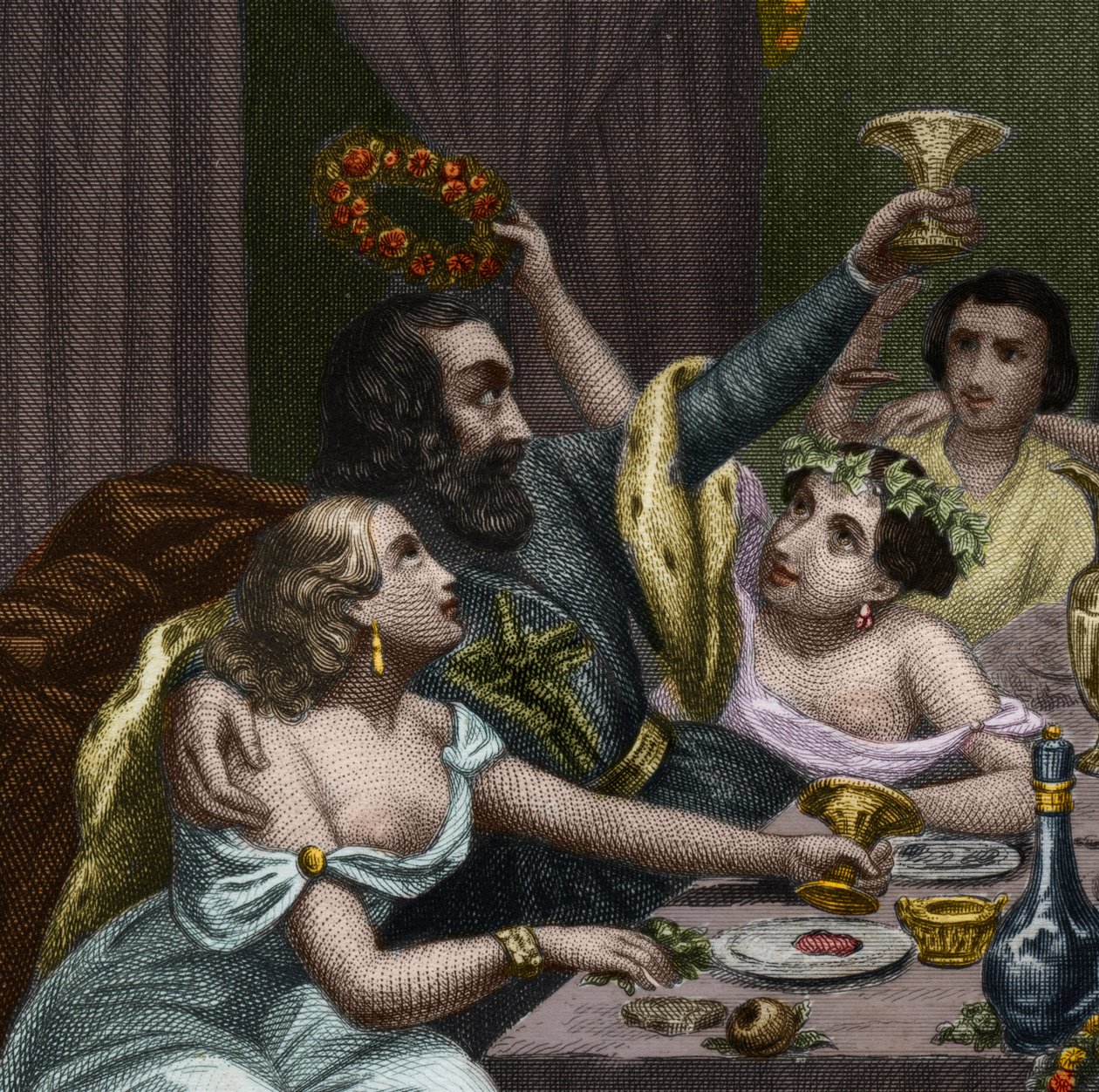 Le pape Alexandre VI (1431-1503) (Alessandro, Rodrigo Borgia) célèbre le mariage de sa fille Lucrèce Borgia avec 50 courtisanes au Vatican. Gravure de 1842 dans « Histoire des papes : crimes, meurtres, empoisonnements, parricides » - Unknown artist