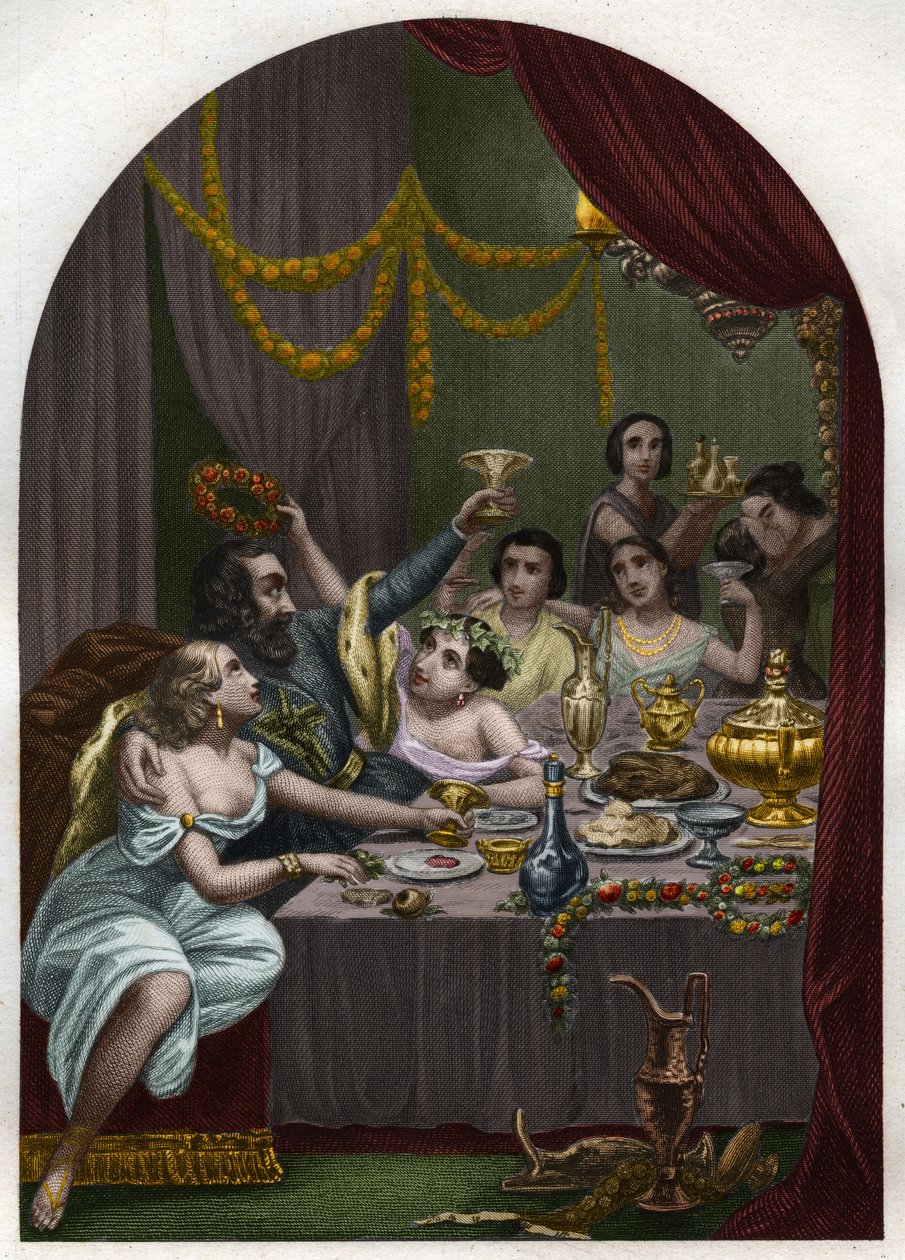 Le pape Alexandre VI (1431-1503) (Alessandro, Rodrigo Borgia) Rodrigue Borgia célèbre le mariage de sa fille Lucrèce Borgia (Lucrezia) avec 50 courtisanes au Vatican. Gravure de 1842 dans « Histoire des papes : crimes, meurtres, empoisonnements, parricides - Unknown artist