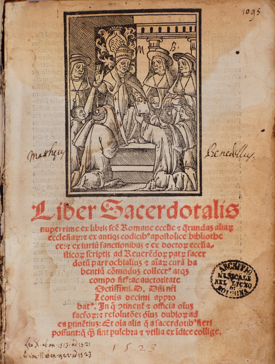 Le Pape Léon X reçoit le livre Frontispice du livre de liturgie Liber Sacerdotalis par Castellini - Unknown artist