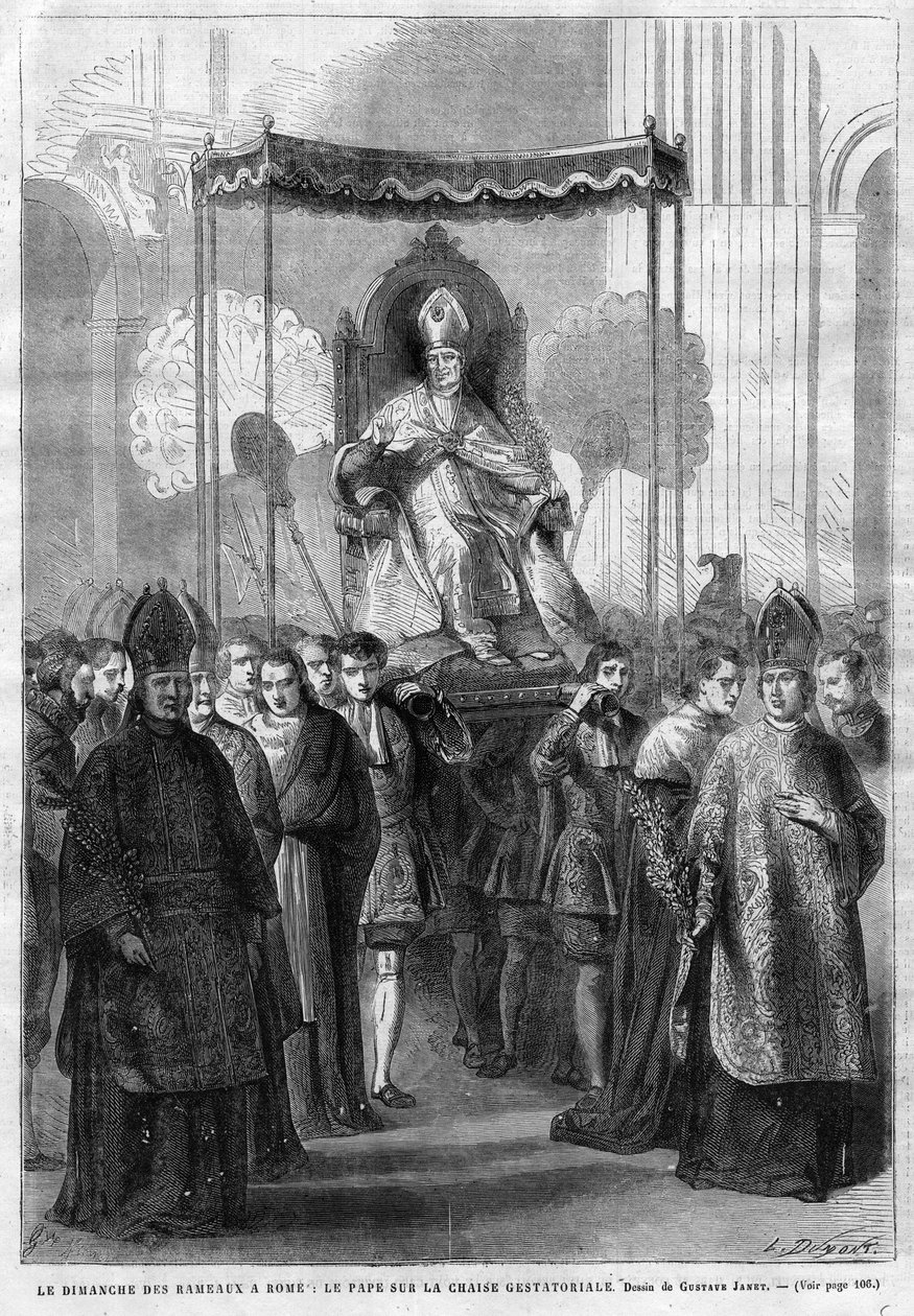 Le pape Pie IX (1835-1914) sur la sedia gestatoria - Dimanche des Rameaux à Rome : le pape Pie IX (Pie Pio 9) sur la chaise gestatoire - dessin de Gustave Janet - Le Journal Illustré de 1868. - Unknown artist