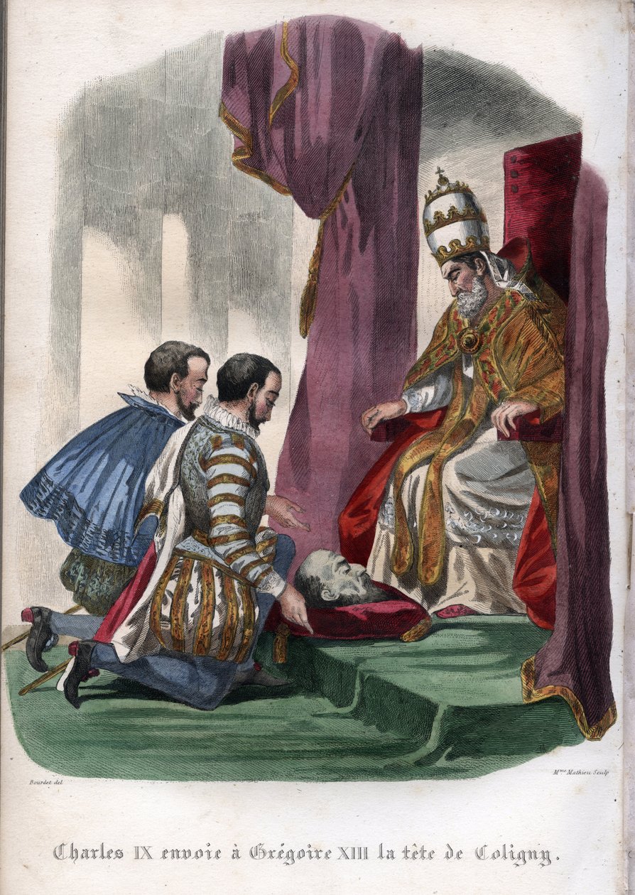 Le pape Grégoire XIII (1502-1585) reçoit la tête de Gaspard de Coligny (1519-1572), assassiné lors du massacre de la Saint-Barthélemy en 1572, en cadeau du roi Charles IX de France (1550-1574). - Unknown artist