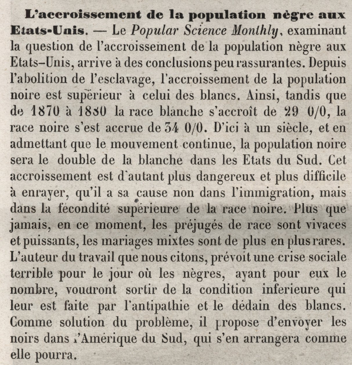 Croissance de la population aux États-Unis : commentaire raciste dans le livre selon un article de Popular Science Monthly. Préoccupé par l