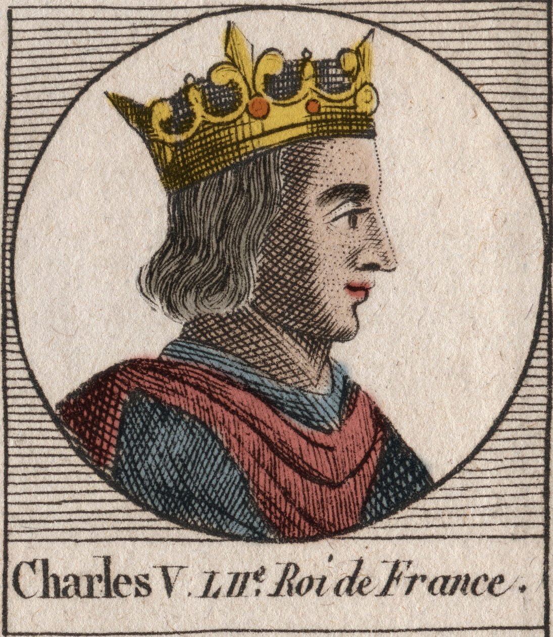 Portrait de Charles V le Sage (1338-1380) - Charles V le Sage, roi de France de la maison de Valois - gravure de Instruction sur l