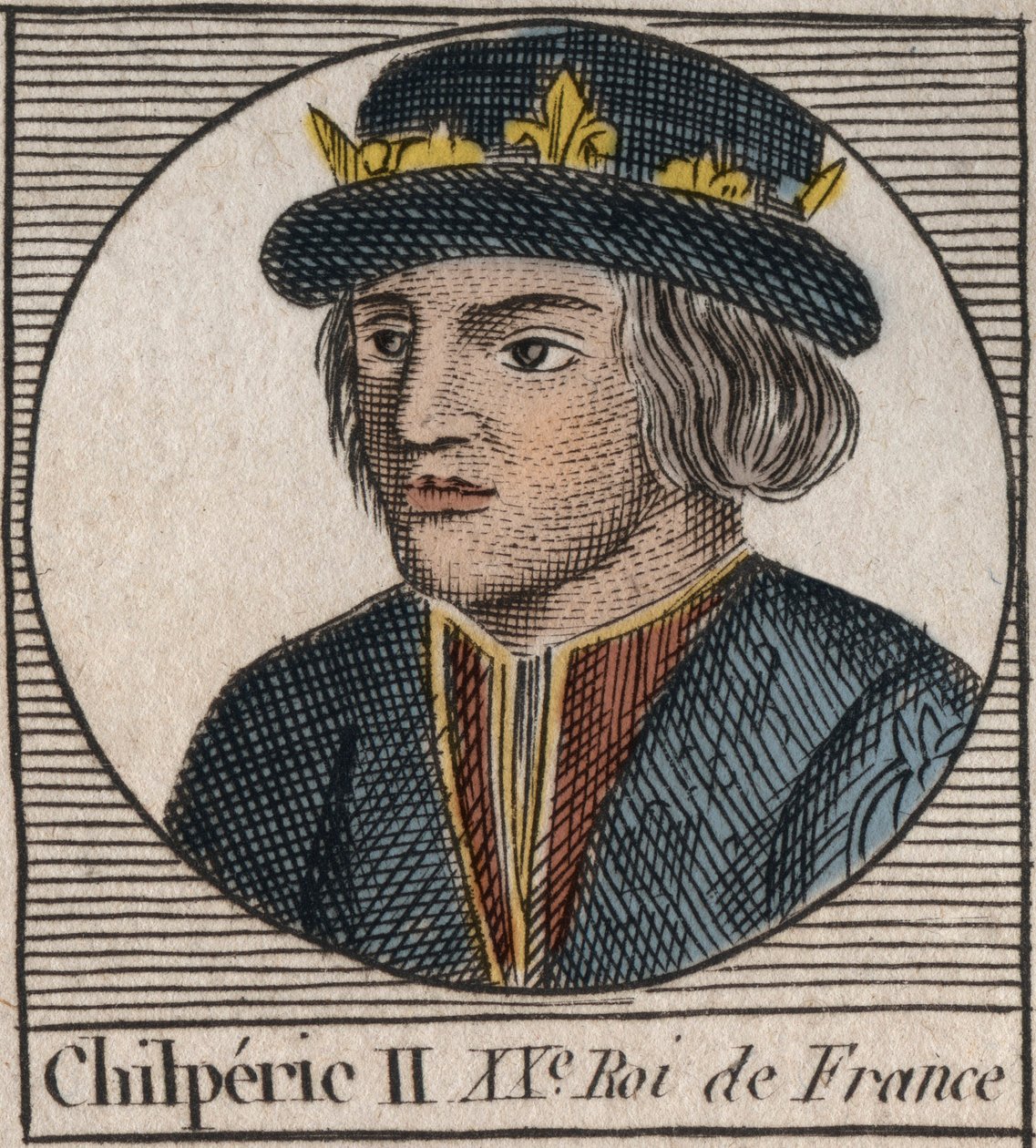 Portrait de Chilpéric II (c. 670-721), roi de Neustrie - CHILPÉRIC II roi des Francs - gravure de Instruction sur l