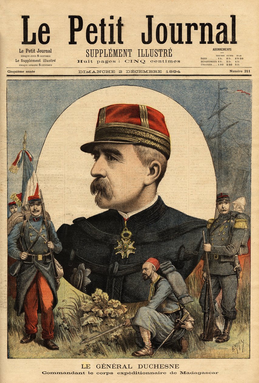 Portrait du Général Jacques Charles Duchesne (1837-1918), commandant des forces armées envoyées à Madagascar en 1894, il prit Tananarive. Gravure dans "Le petit journal" 3/12/1894 - Unknown artist