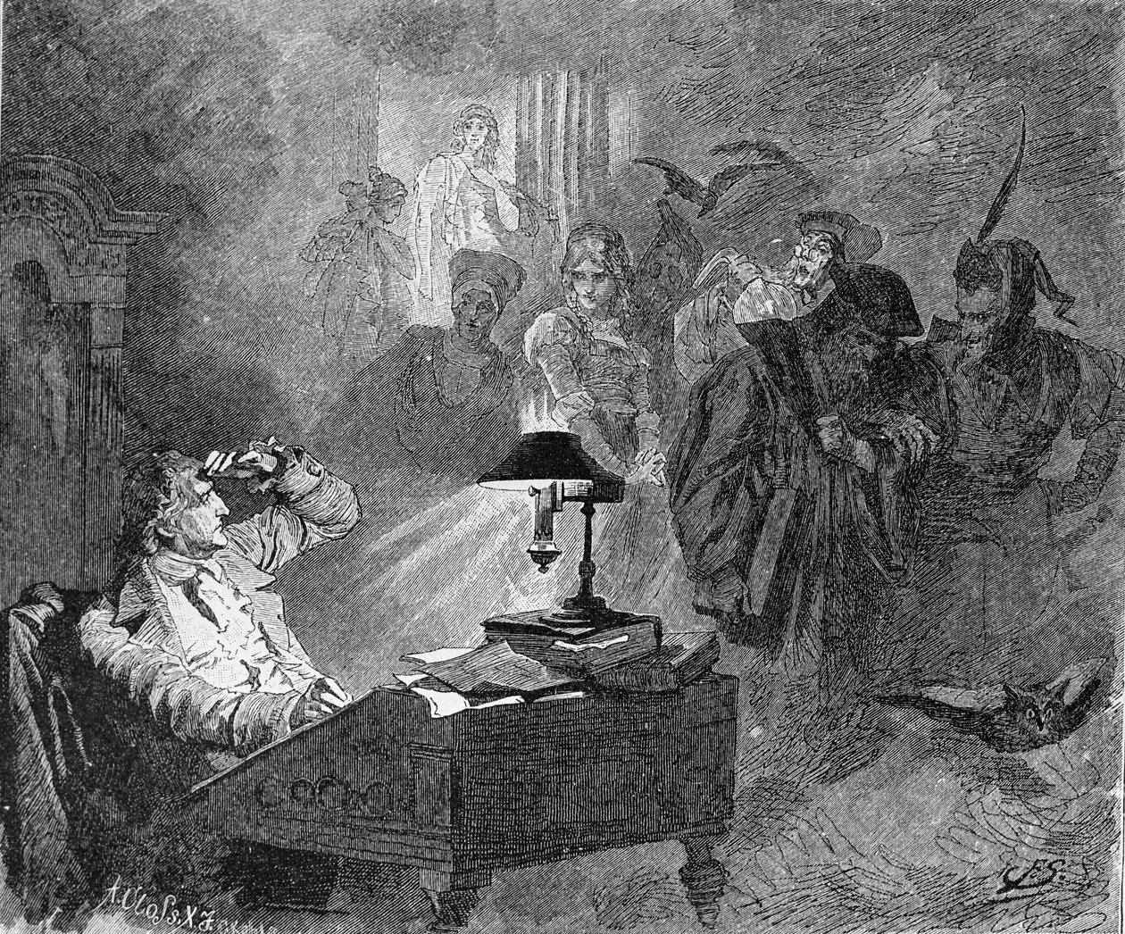 Portrait de Goethe entouré par les personnages de Faust (gravure) - Unknown artist
