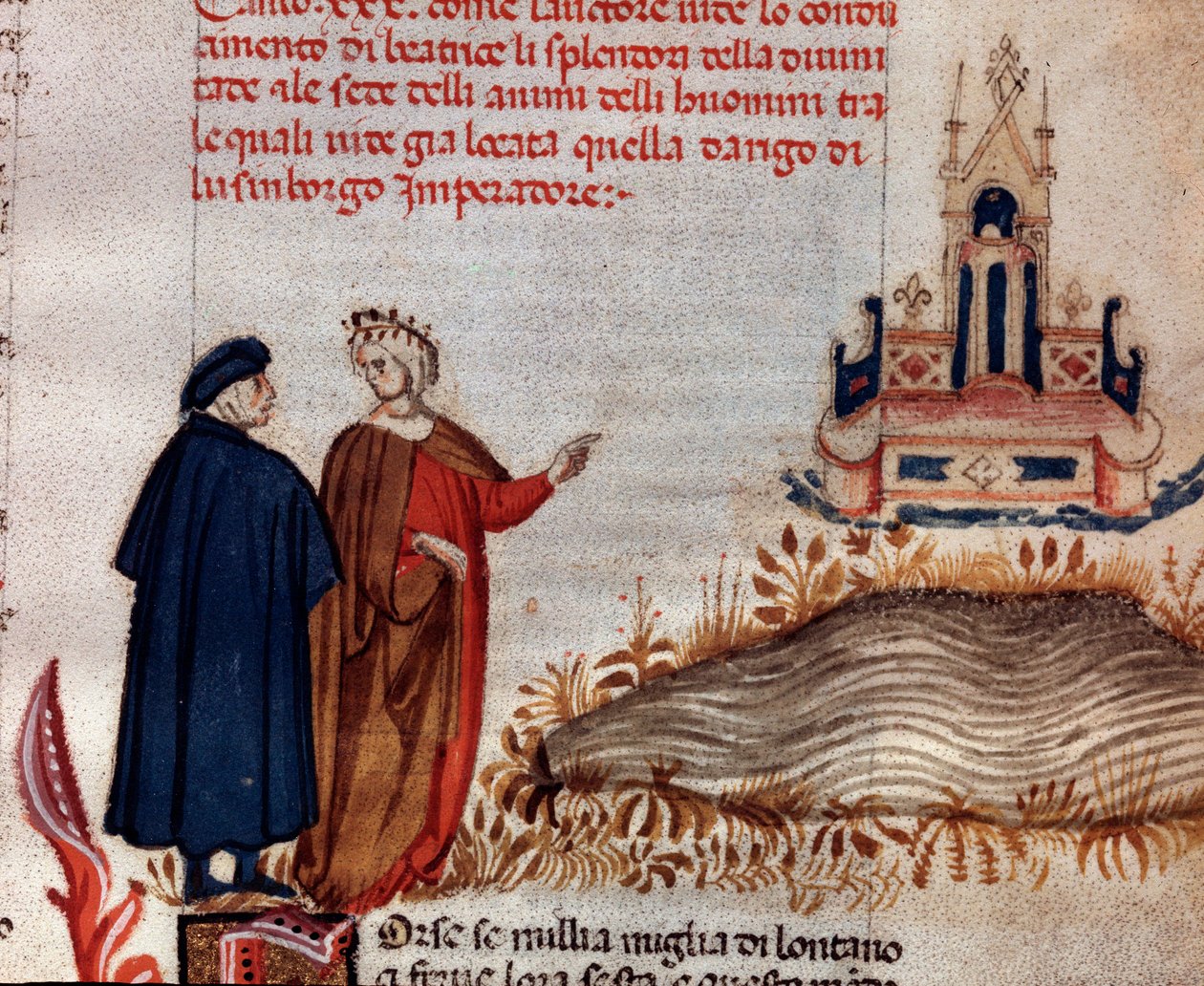 Portrait du poète italien Dante Alighieri avec Virgile regardant le trône d