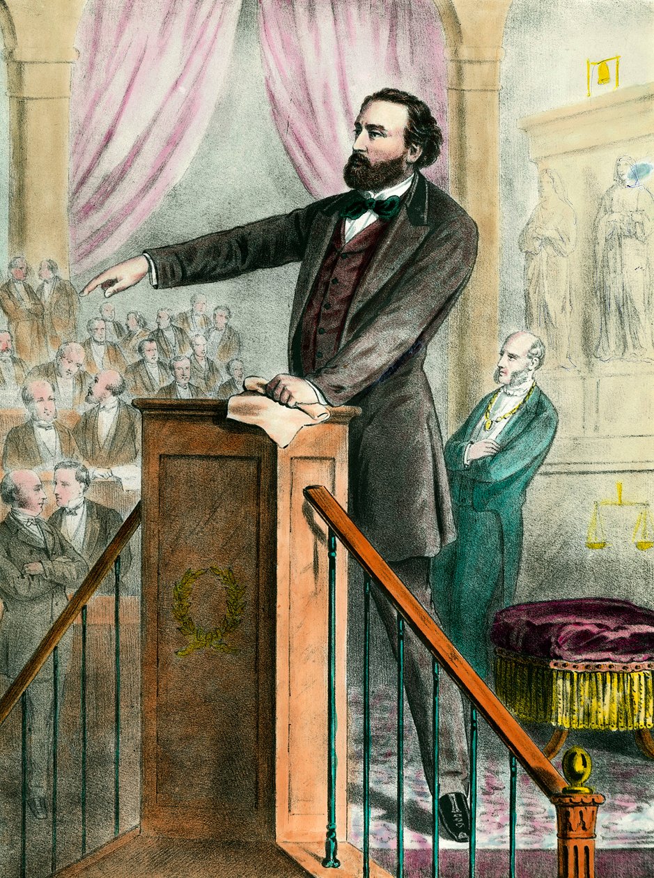 Portrait de Léon Gambetta (1838 - 1882) dans la galerie. Gravure du 19ème siècle - Unknown artist
