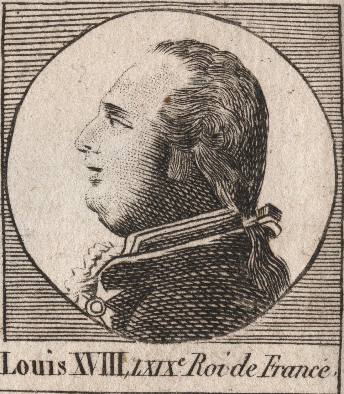 Portrait de Louis XVIII (1755-1824), surnommé le Désiré, roi de France et de Navarre de 1814 à 1815 et de 1815 à 1824 - gravure de « Instruction sur l