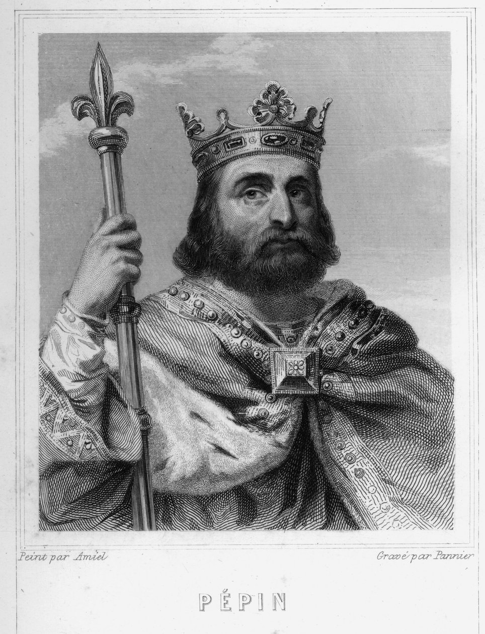 Portrait de Pépin le Bref (v. 714 - 768), Roi des Francs, premier des Carolingiens - dans “Histoire des Français” par Lavallée, gravure - Unknown artist