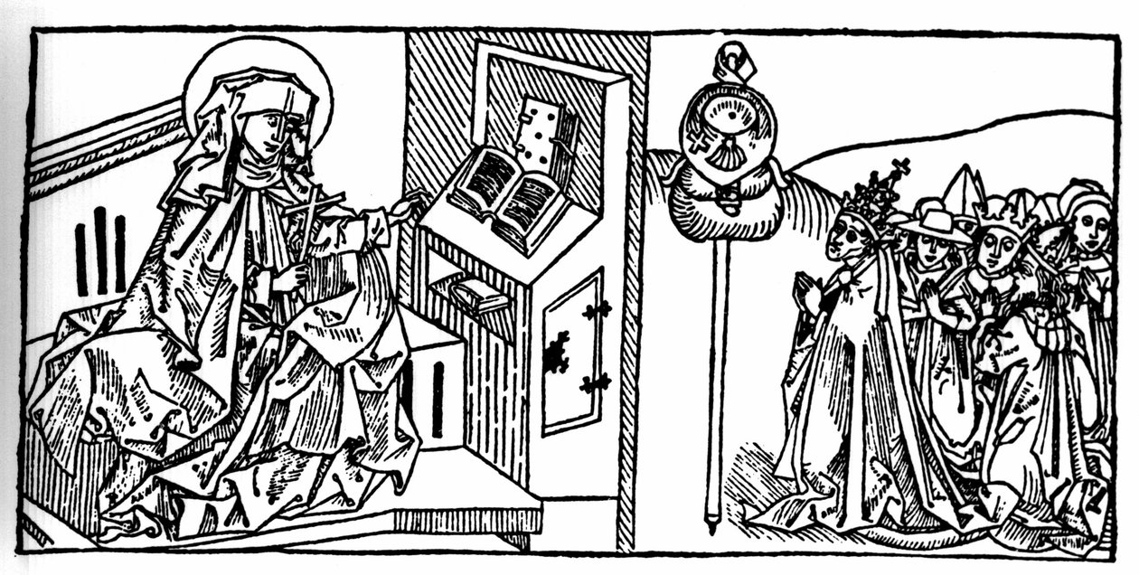 Portrait de Sainte Brigitte de Suède (1103 - 1373). Gravure de «Leben der Heiligen - sommerteil» (Le livre des saints) par Jacobus (Jacques) de Voragine (1228-1298). Lubeck 1488 - Unknown artist