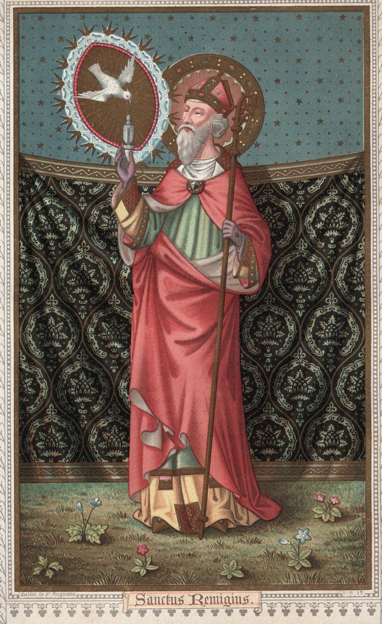Portrait de Saint Rémi (437-533) (Saint Remigius, Remy Remigio) visité par la colombe du Saint-Esprit. Chromolithographie de la fin du 19ème siècle. - Unknown artist
