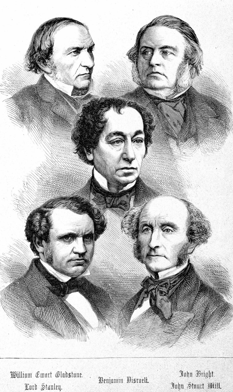 Portrait de William Ewart Gladstone, John Bright, Lord Stanley, John Stuart Mill et Benjamin Disraeli - dans « Les Contemporains », fin du 19ème siècle - Unknown artist