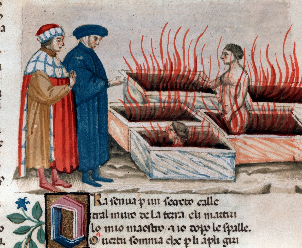 Portrait du poète italien Dante Alighieri avec Virgile parmi les hérétiques comme Farinata degli Uberti (chant 10 de l
