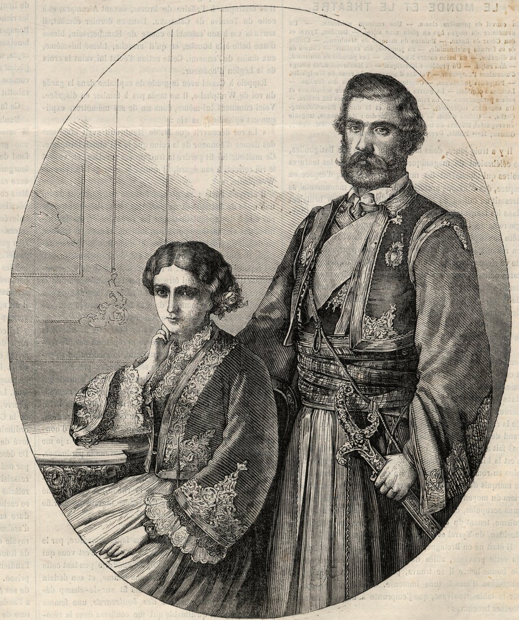 Portrait du prince de Serbie Michel III (1823-1868) et de la princesse Julie (1831-1919). Gravure dans "L