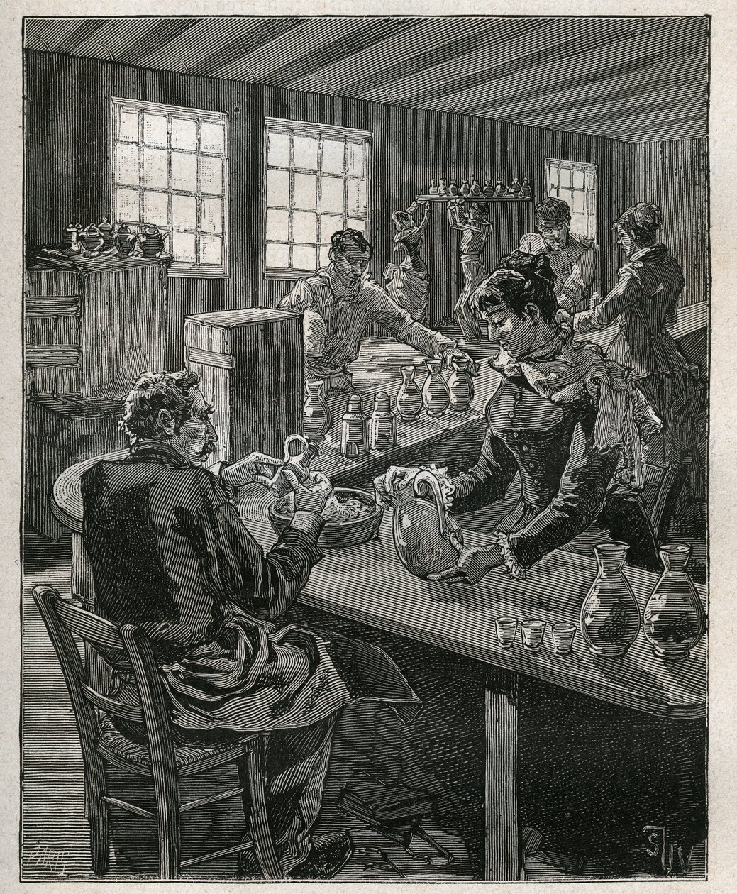 Poterie : remplissage de poteries. Gravure de 1885 dans "Les arts et métiers illustrés" par Adolphe Bitard. - Unknown artist