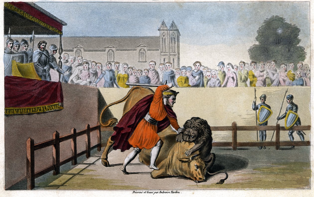 Pépin le Bref abat un lion combattant un taureau - gravure - Unknown artist