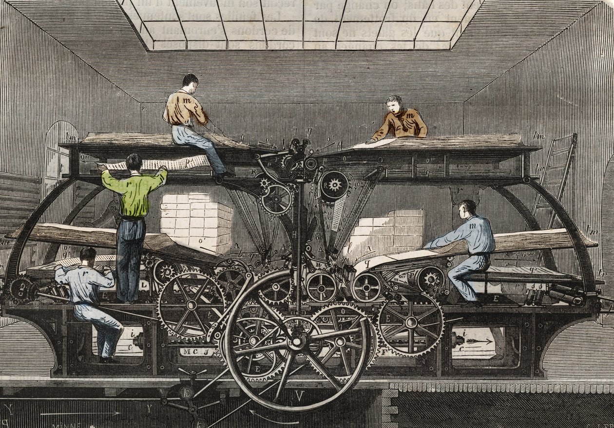 Presse à imprimer : presse à imprimer du journal « Le Siècle » à Paris. Gravure de 1857 dans « Le Musée Des Sciences ». - Unknown artist