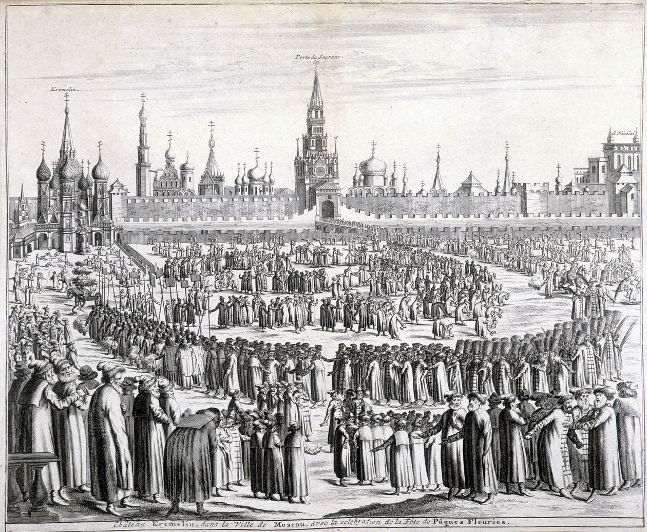 Procession des Fleurs de Pâques devant la Porte du Saint-Sauveur et le Kremlin à Moscou. Gravure du 19ème siècle - Unknown artist