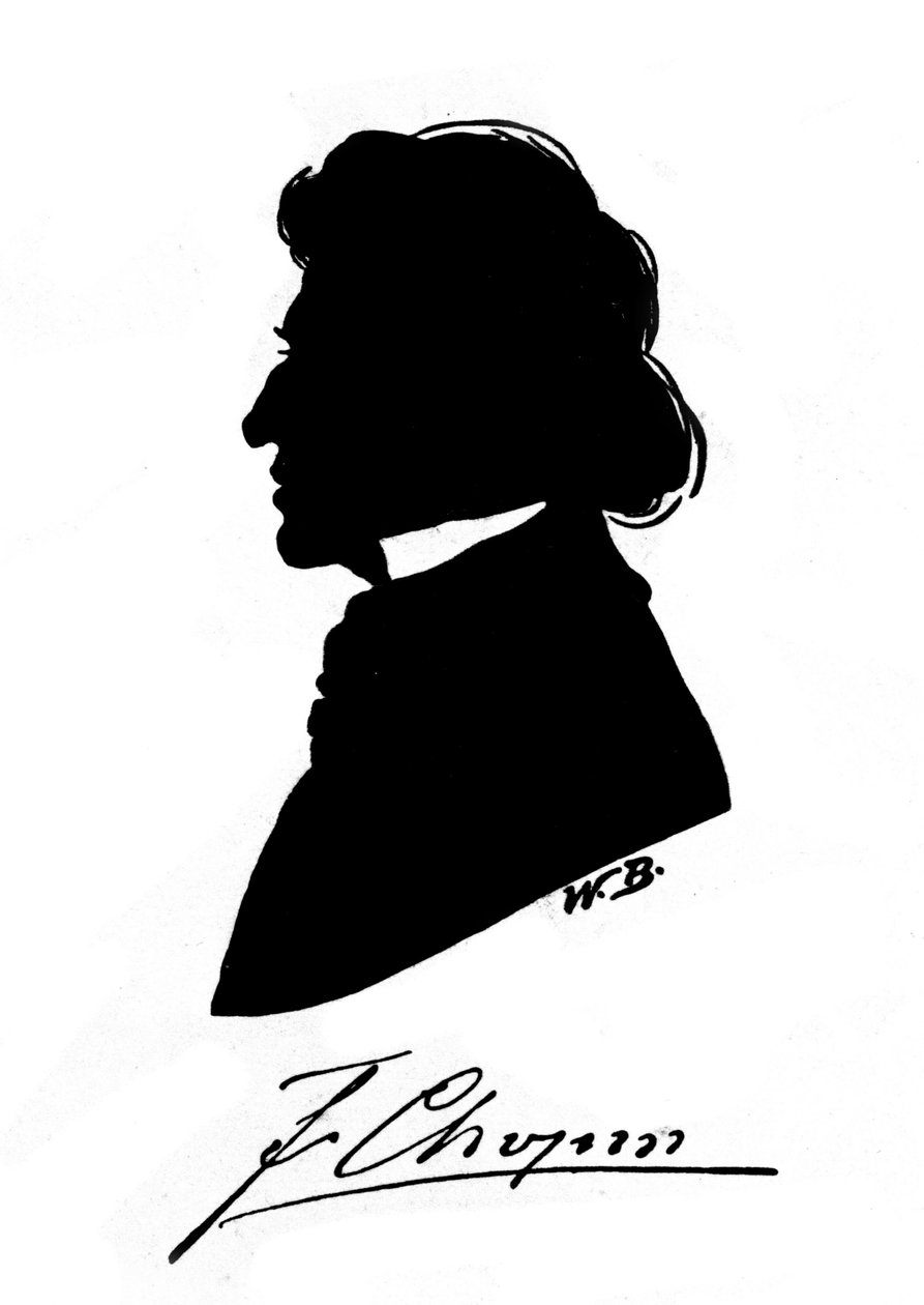Silhouette de profil du compositeur polonais Frédéric Chopin (1810-1849) avec autographe. 19ème siècle - Unknown artist