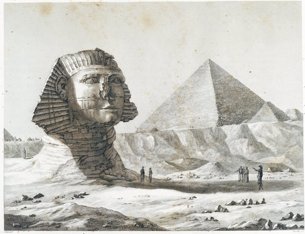 Pyramides de Gizeh : vue du Sphinx et de la Grande Pyramide, prise du sud-est - dans "Description de l
