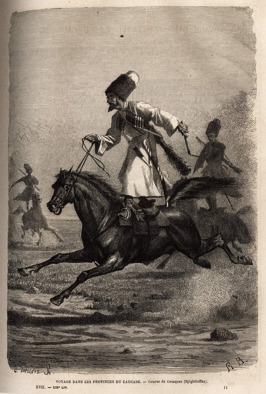 Course de cosaques, montés en équilibre debout sur leur selle, les cavaliers fouettent leurs chevaux pour les faire galoper. Gravure pour illustrer le voyage dans les provinces du Caucase, par Basile Vereschaguine, en 1864-1865, publié dans « Le tour du mo - Unknown artist