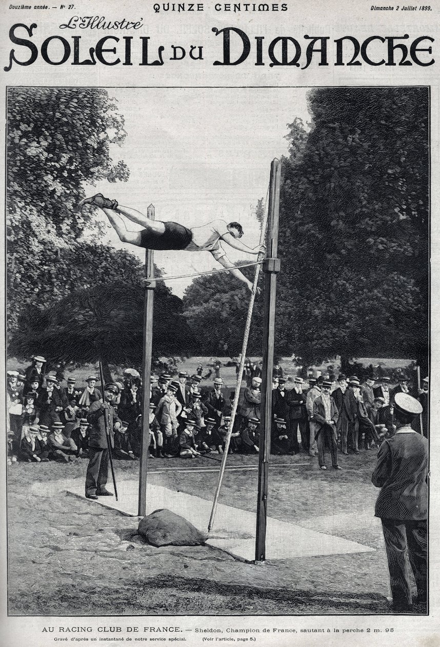 Racing club de France. Sheldon, champion de France, saute 2,95 m à la perche. Gravure dans « Le soleil-du-dimanche », 2 juillet - Unknown artist