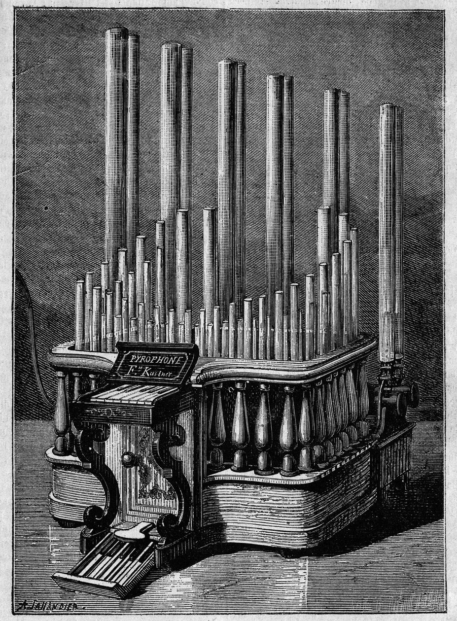 Instruments rares ou imaginaires : Le Pyrophone ou « flammes chantantes », par Frédéric Kastner (instrument qui génère des flammes alimentées par des jets de gaz) - Unknown artist