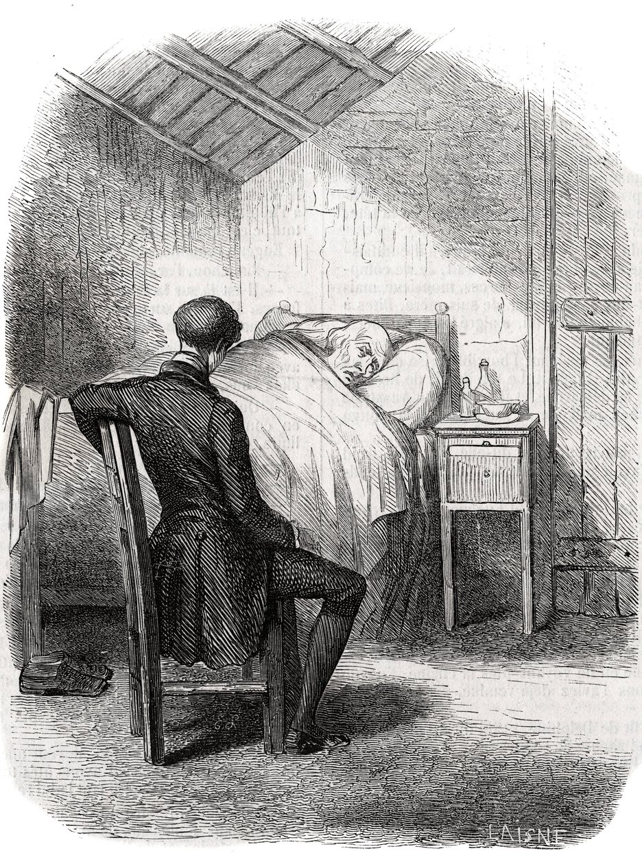 Rastignac resta seul près du vieil homme, assis au pied du lit... Gravure du milieu du 19e siècle. Illustration pour "Le Père Goriot" d