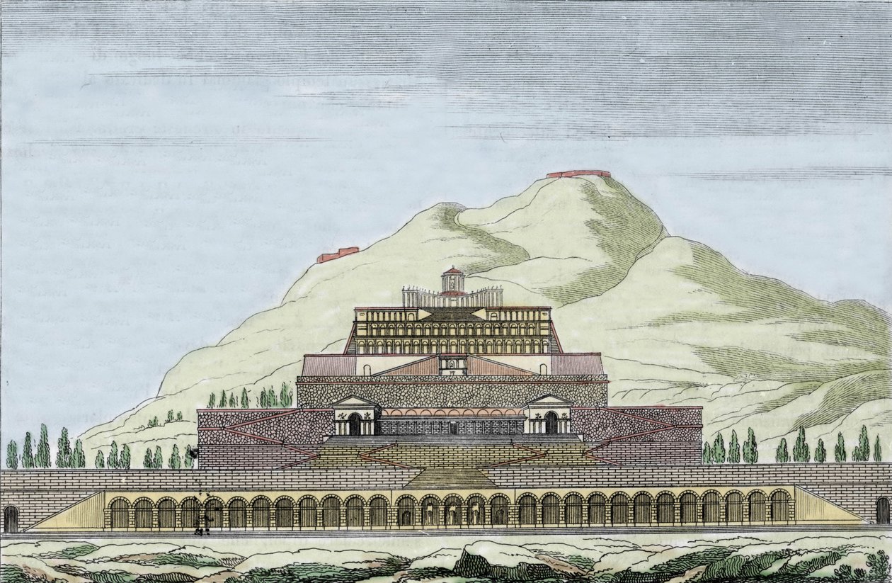 Reconstruction du temple de Fortuna (divinité romaine de la chance) à Palestrina, Italie. Gravure du XIXe siècle - Unknown artist