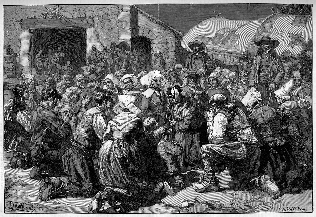 Coutume régionale de France, mariage breton : prières des mendiants pour les époux. Gravure dans "Le Monde Illustré" - Unknown artist