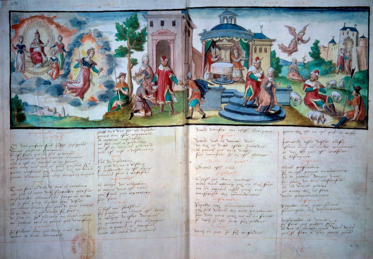 Théâtre religieux : Passion et Résurrection joué à Valenciennes en 1547. Page de manuscrit avec aquarelle, Paris, B.N. - Unknown artist