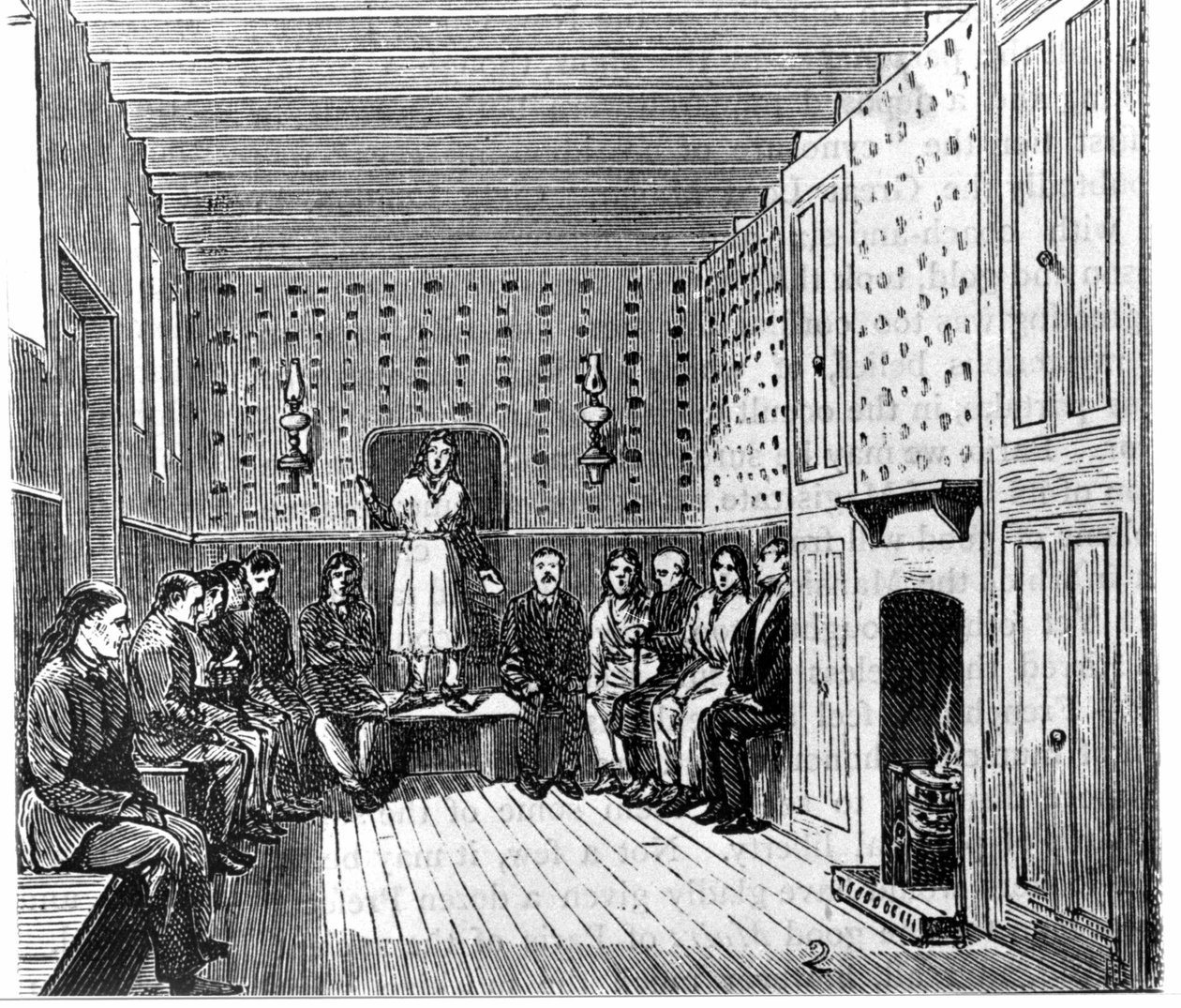 Réunion religieuse des Shakers américains. Gravure du 19ème siècle. - Unknown artist