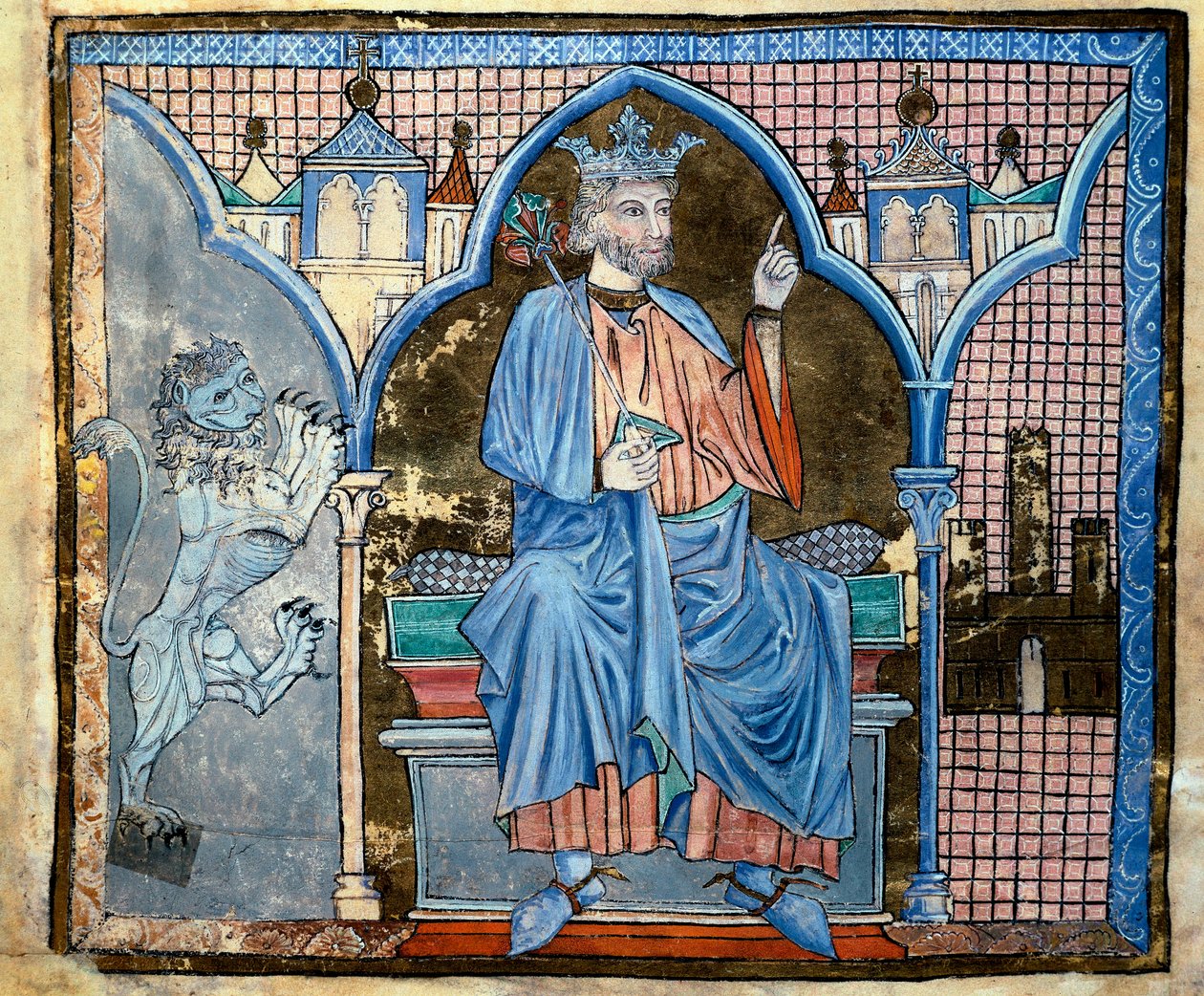Représentation du roi Ferdinand III de Castille ou Saint Ferdinand (1199-1252) Miniature tirée du manuscrit « Index des privilèges royaux » fol. 66 v. 13e siècle Saint-Jacques-de-Compostelle (Santiago de Compostela), archives de la cathédrale - Unknown artist