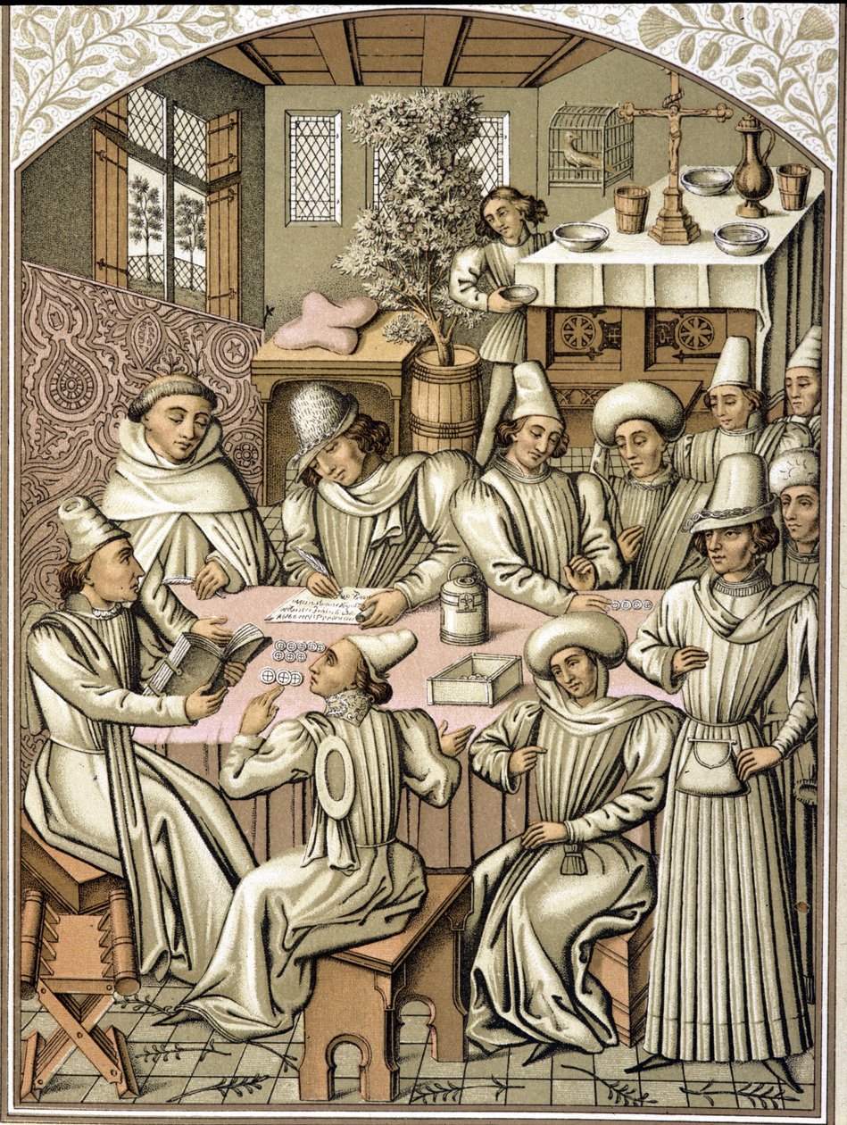 Représentation de fonctionnaires au 14e siècle. Chromolithographie du livre de comptes de la confrérie "Dio e Nostra Signora" - Unknown artist