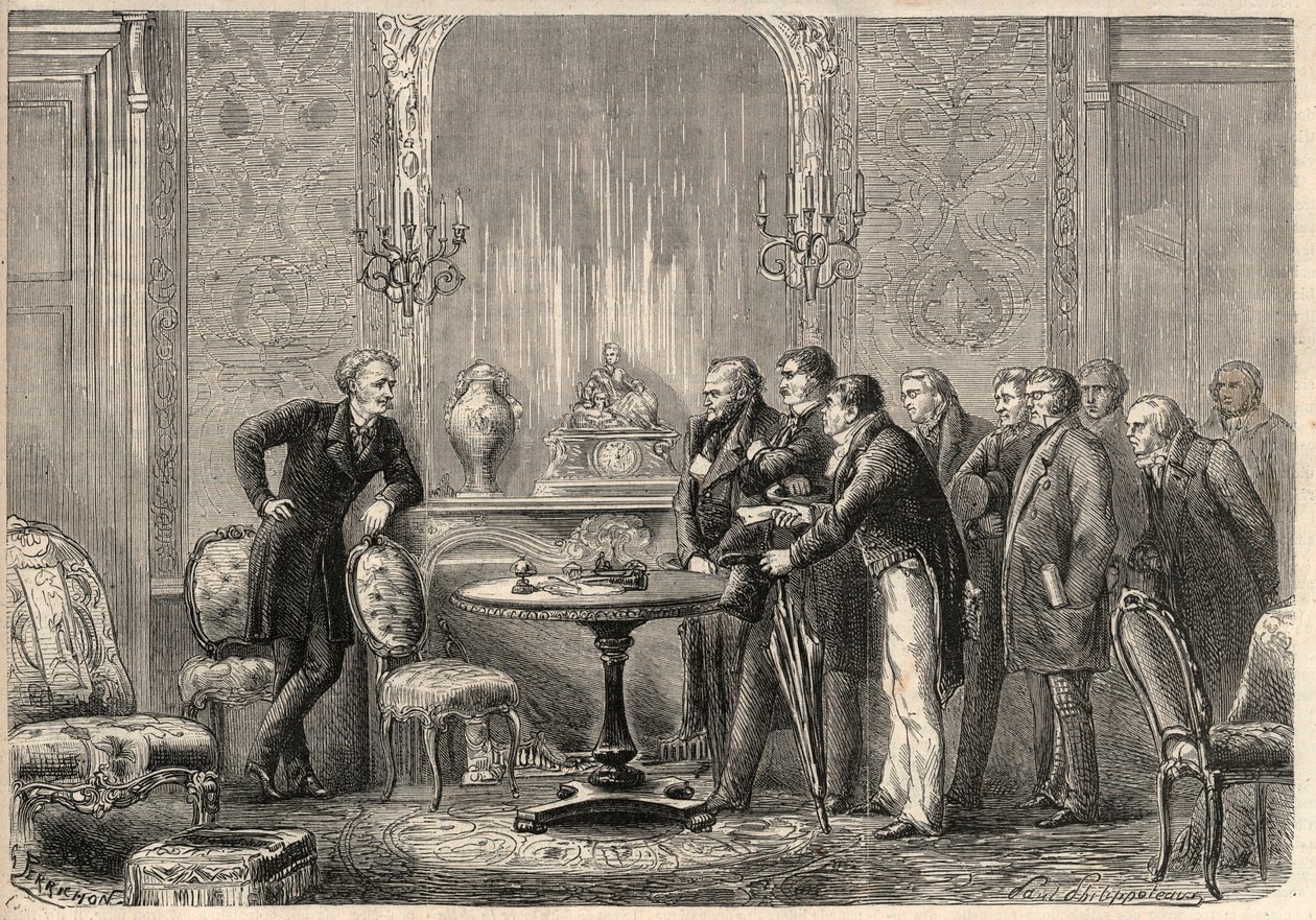 Représentation de la pièce "Mercadet" (Le Faiseur) par Honoré de Balzac (1799-1850) à la Comédie-Française. Acte III, Scène VI. Gravure dans "L