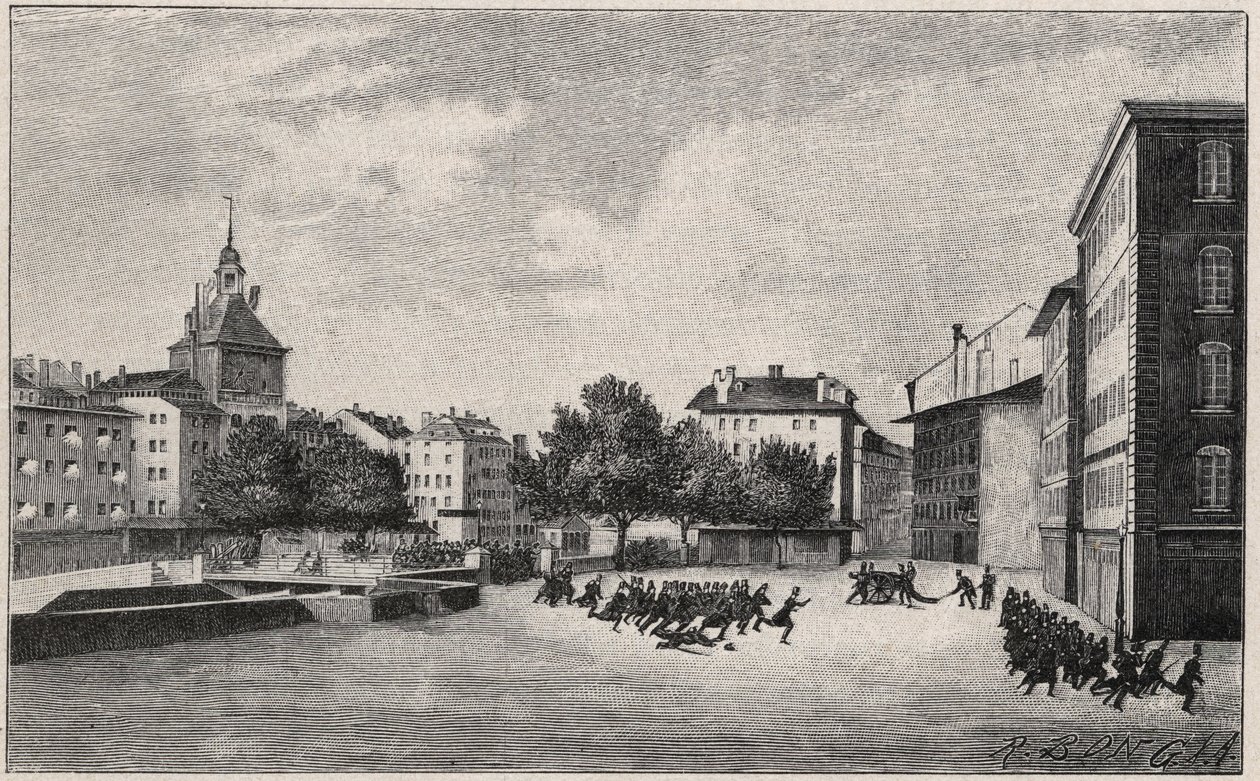 Révolution de Genève du 7 au 8 octobre 1846 (révolution fazyste) : défense de Saint-Gervais le 7 octobre 1846 - Vue de la Place de Bel-Air et des Ponts-de-l