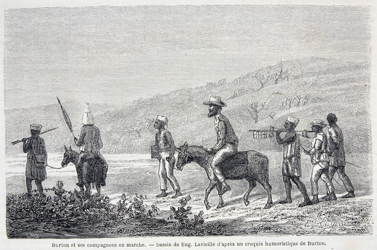 Richard Francis Burton, explorateur britannique (1821-1890), et ses compagnons en Afrique. Dessin illustrant l