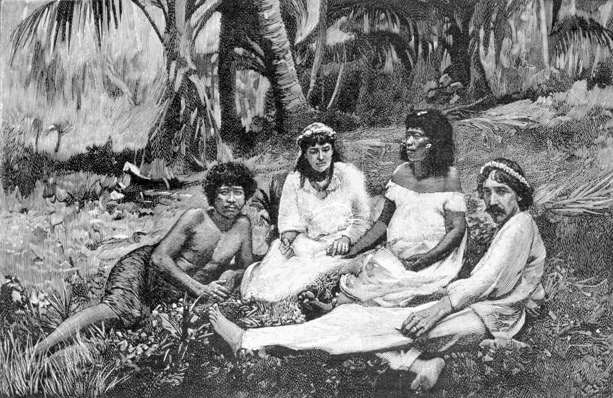 Robert Louis Stevenson (1850 - 1894) avec sa femme à Samoa où il résidait à Vailima. Gravure vers 1890-1895 - Unknown artist