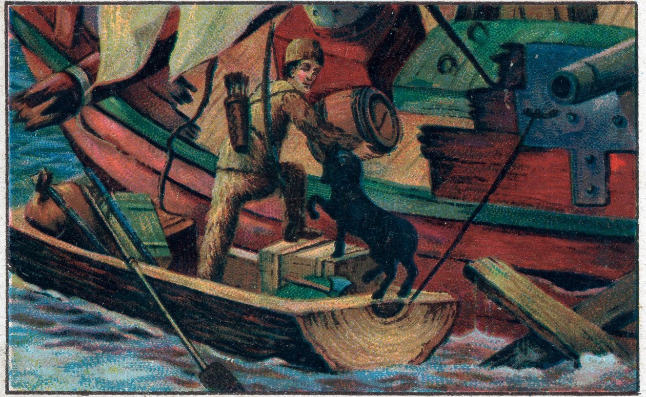 Robinson visite les débris. Illustration pour le livre de Daniel Defoe « Robinson Crusoé ». Chromolithographie de la fin du 19ème siècle - Unknown artist