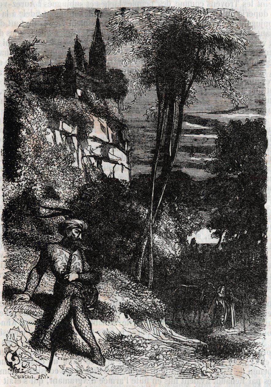 Rodomont, Isabella et le vieil ermite - gravure de 1851 de « Roland furieux » (Orlando furioso) (16ème siècle) par Ludovico Ariosto, dit l