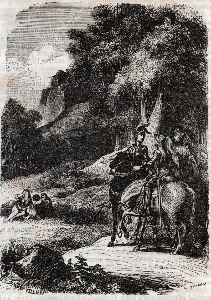 Roger, Marphise et les trois femmes - gravure de 1851 de « Roland furieux » (Orlando furioso) (16ème siècle) par Ludovico Ariosto, dit l