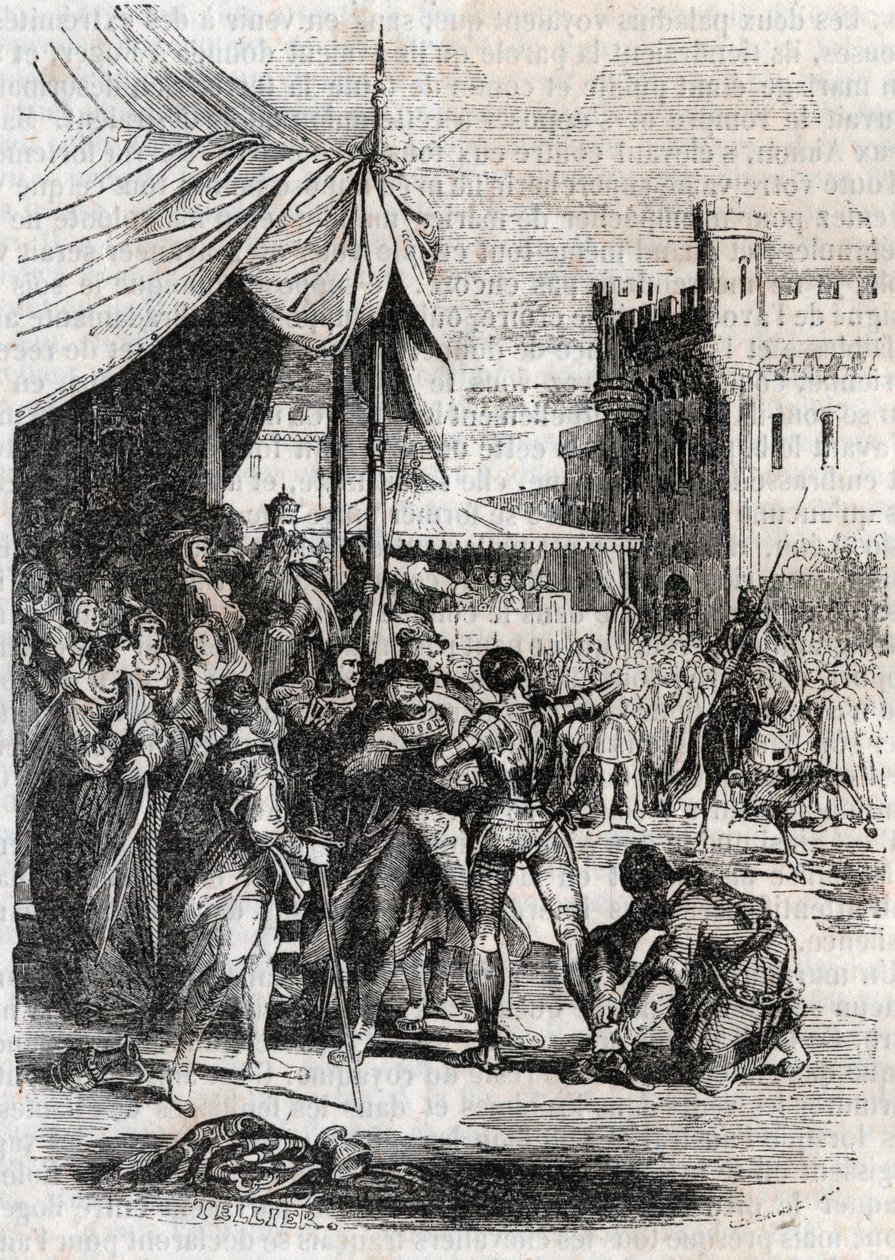Roger défie Rodomont en bataille - gravure de 1851 de « Roland furieux » (Orlando furioso) (16e siècle) par Ludovico Ariosto, connu sous le nom d