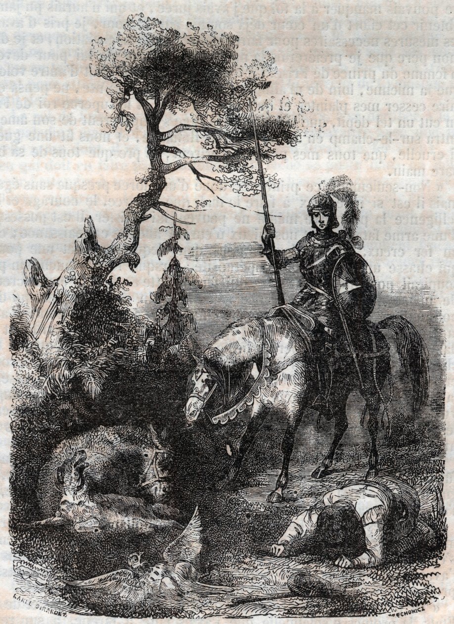 Roger utilisant le bouclier enchanté - gravure de 1851 de "Roland furieux" (Orlando furioso) (16ème siècle) par Ludovico Ariosto, dit l