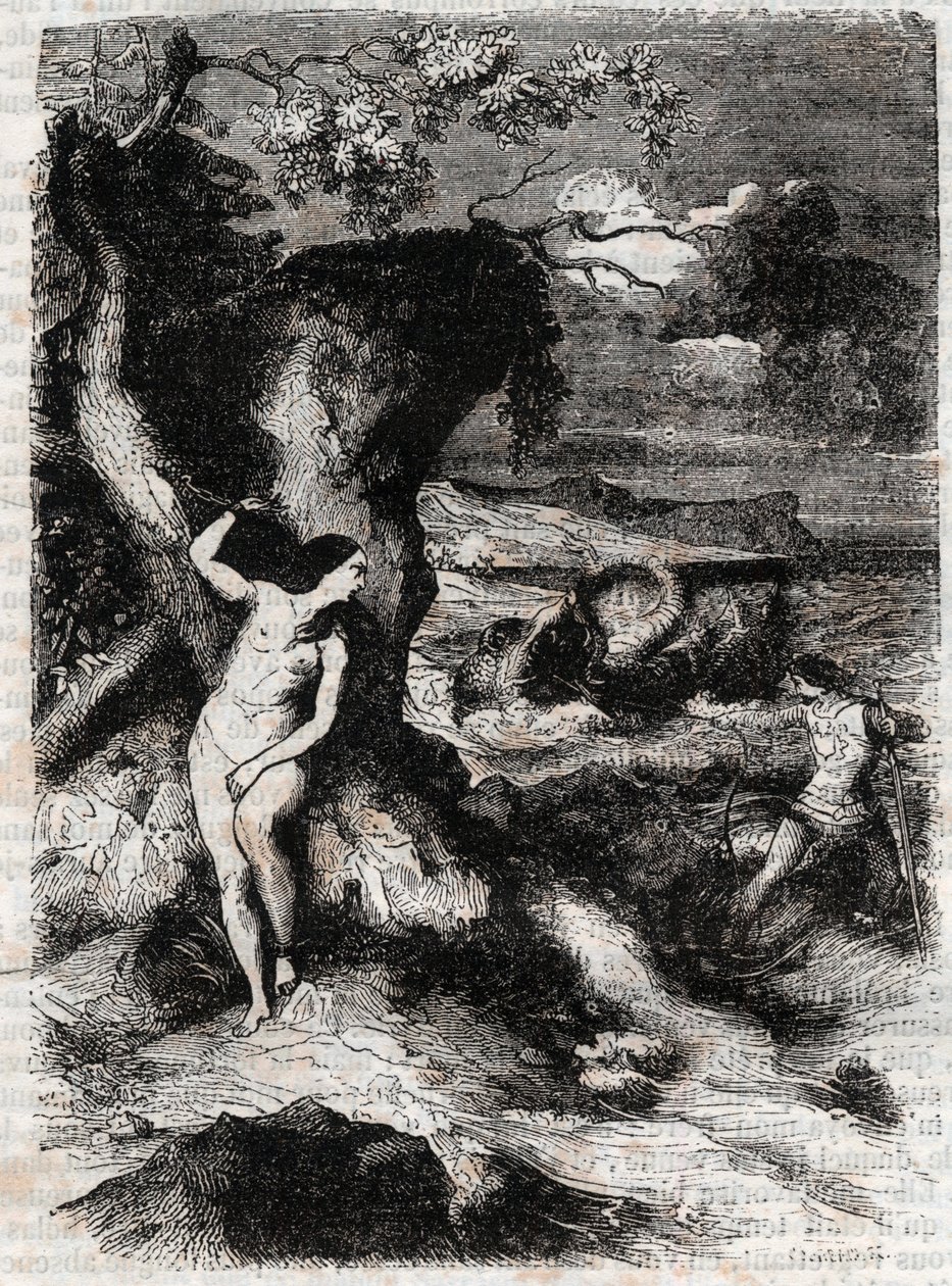 Roland délivre Olympe - gravure de 1851 de "Roland furieux" (Orlando furioso) (16ème siècle) par Ludovico Ariosto, dit l