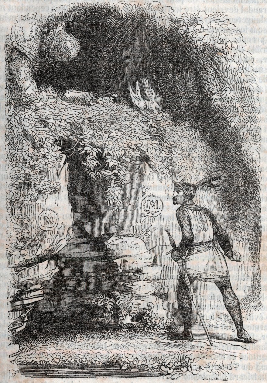 Roland trouve les figures de Médor et Angélique - gravure de 1851 de « Roland furieux » (Orlando furioso) (16ème siècle) par Ludovico Ariosto, dit l