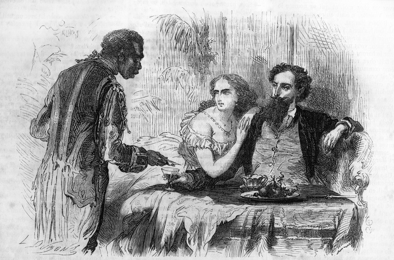 Roman-feuilleton : « Les Puritains de Paris » par Paul Bocage (1824-1887). « Le nègre apporta la carte de visite à Robert. » Gravure dans « Les bons romans » - Unknown artist