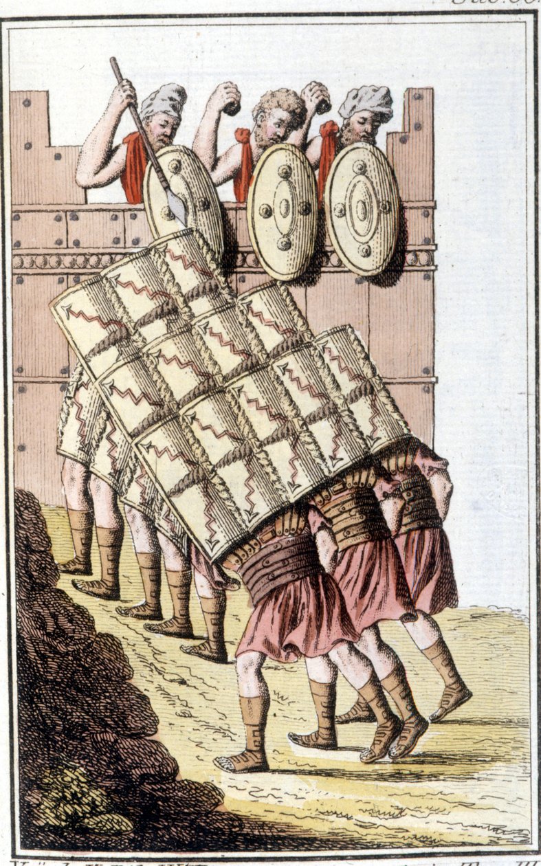 Soldats romains (légion romaine) manœuvrant et se défendant avec leurs boucliers. Gravure du début du 19ème siècle - Unknown artist